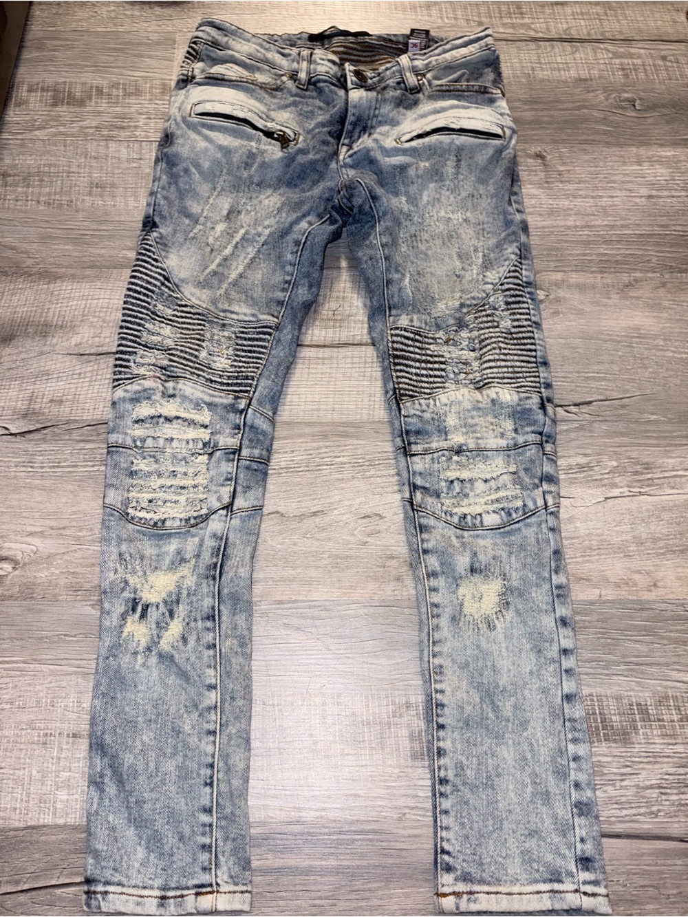 Focus Jeans Mens Blue Distressed Moto Biker Slim Tapered Zipper Denim 30x30